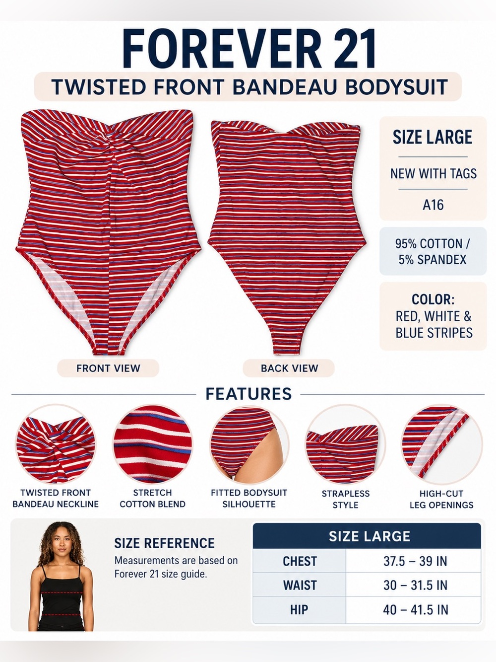 FOREVER 21 TWISTED FRONT BANDEAU BODYSUIT - SIZE LARGE (NEW WITH TAGS) A16